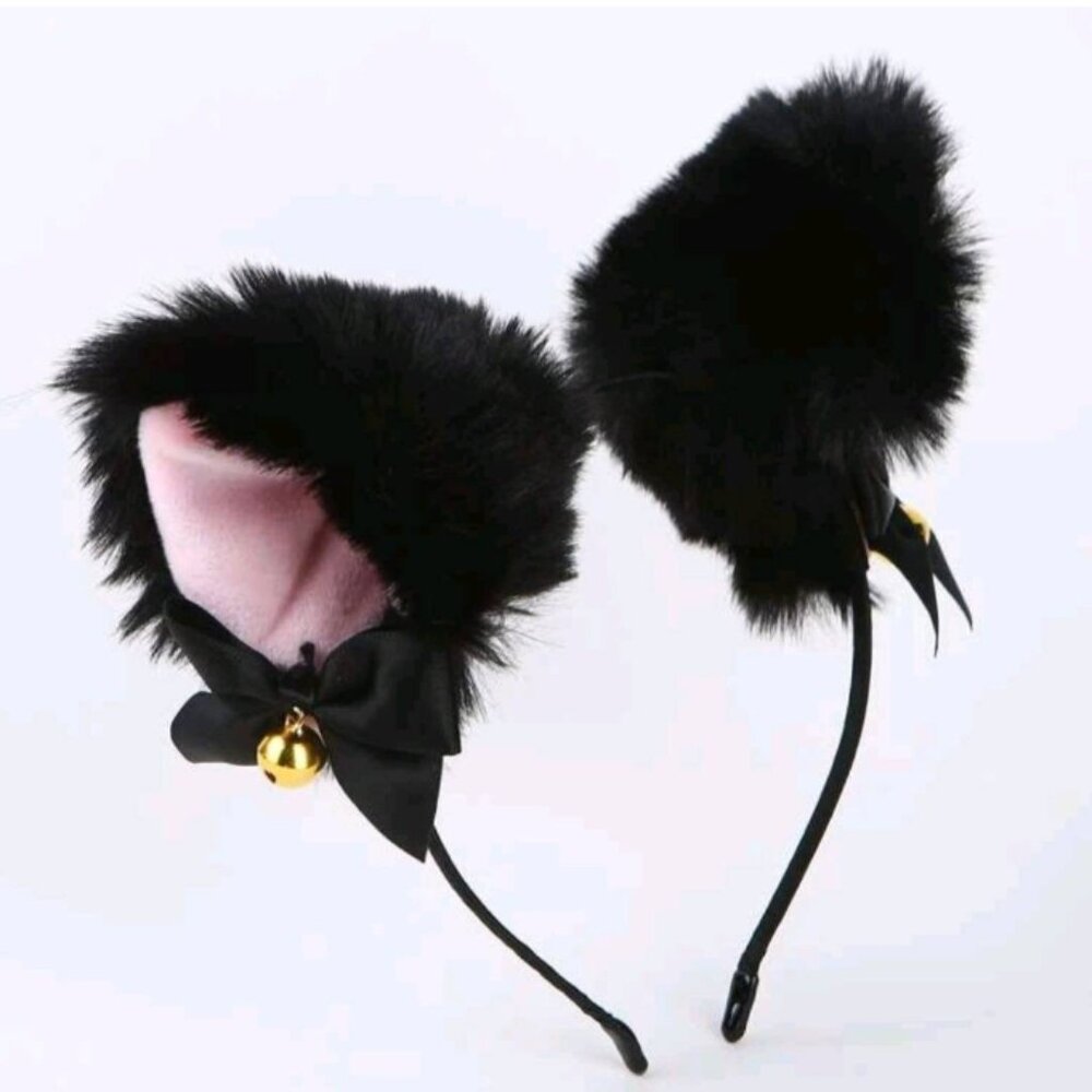 Cat girl Nekomimi Headband | Fluffy Cat Ears Bells & Bows | Otaku Lolita Kawaii